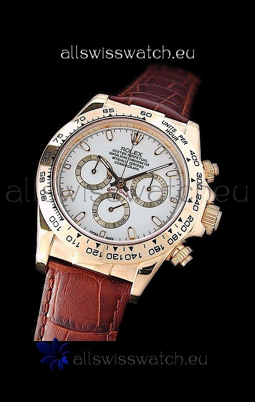 Rolex Daytona Cosmograph Swiss Replica Gold Watch in Brown Leather Strap