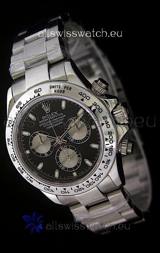 Rolex Daytona Cosmograph Swiss Replica Steel Watch in Black Dial