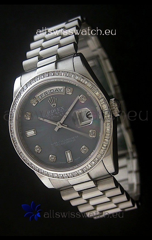 Rolex Day Date Just Japanese Replica Watch in Mop Black Dial