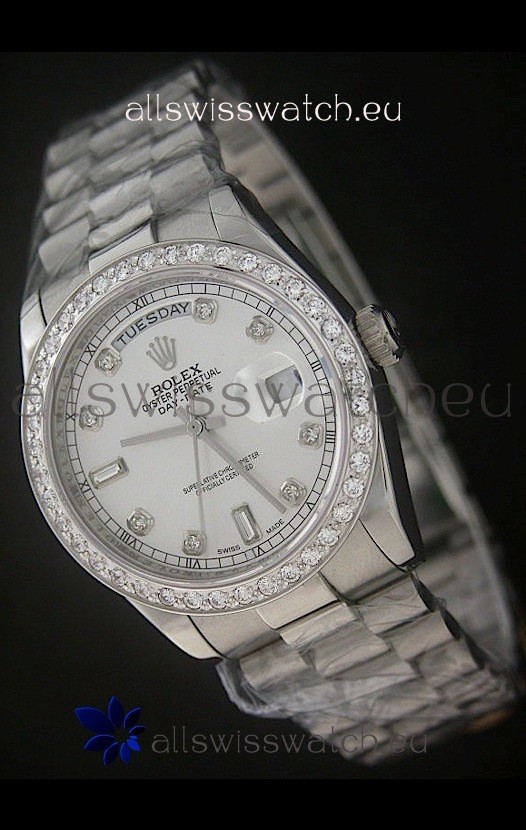 Rolex Day Date Just Japanese Replica Watch in Full Diamond Bezel
