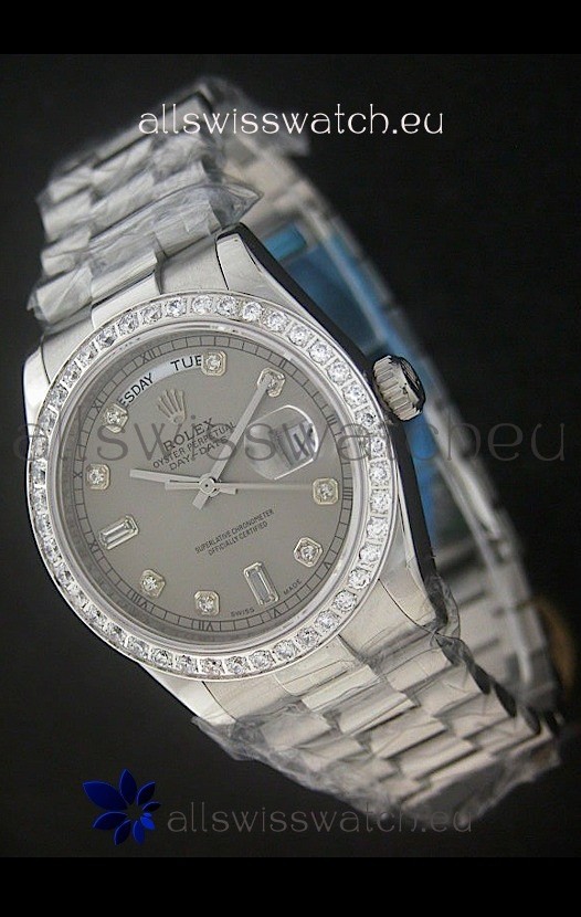Rolex Day Date Just Japanese Replica Grey Watch in Full Diamond Bezel