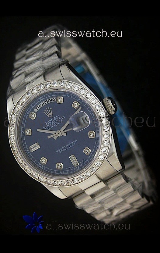 Rolex Day Date Just swiss Replica Blue Watch in Full Diamond Bezel