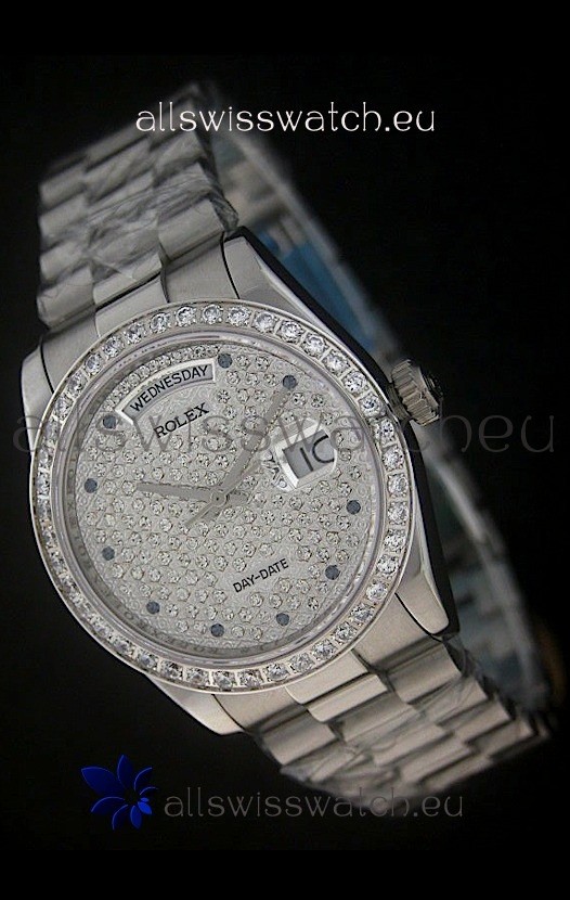 Rolex Day Date Just Japanese Replica Watch in Full Diamonds Dial 