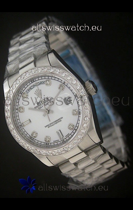 Rolex Day Date Just Japanese Replica Watch in Pearl White Dial