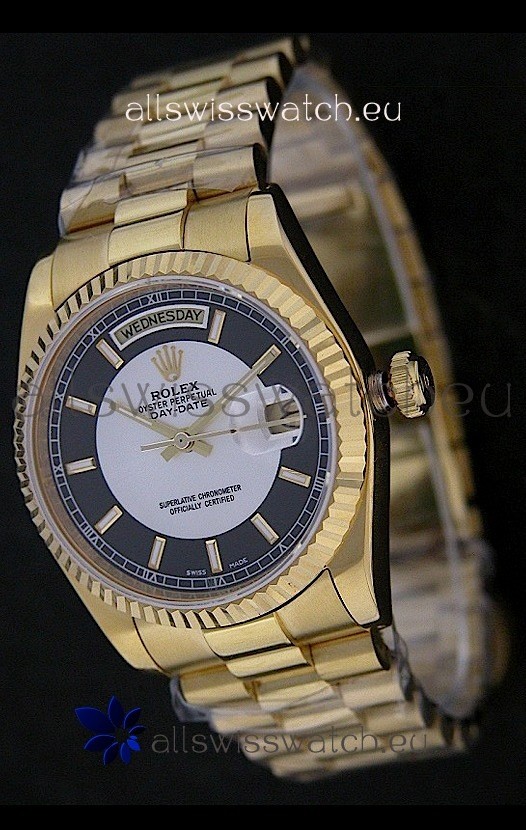Rolex Day Date Just Japanese Replica Yellow Gold Watch in Black & White Dial