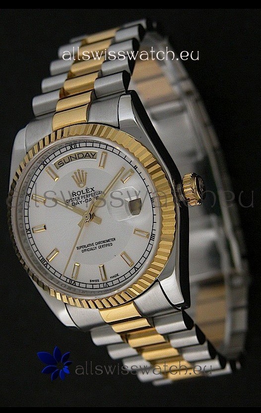 Rolex Day Date Just Japanese Replica Two Tone Gold Watch in White Dial