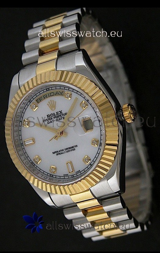 Rolex Day Date Just Japanese Replica Two Tone Gold Watch in Mop White Dial