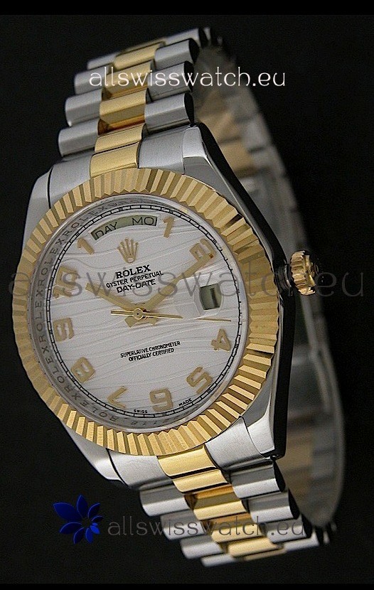 Rolex Day Date Just Japanese Replica Two Tone Gold Watch in White Stripe Pattern Dial
