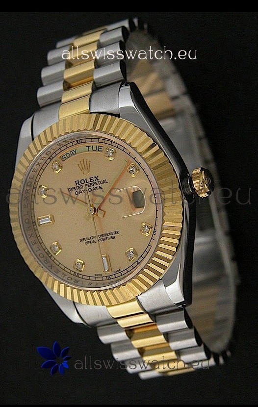 Rolex Day Date Just Japanese Replica Two Tone Gold Watch in Golden Dial