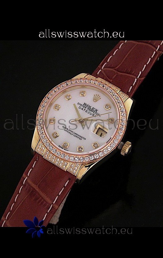 Rolex DateJust Japanese Mens Replica Yellow Gold Watch in Mop White Dial