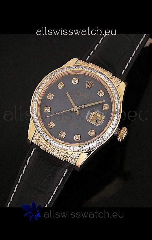 Rolex DateJust Japanese Mens Replica Yellow Gold Watch in Black Mother of Pearl Dial