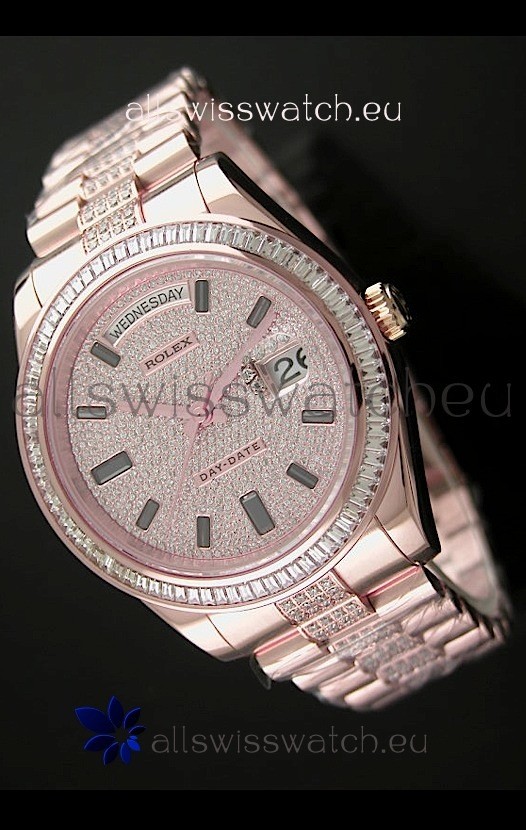 Rolex Day Date Japanese Automatic Rose Gold Watch in Diamond Bracelet