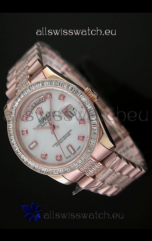 Rolex Oyster Perpetual Day Date Japanese Rose Gold Automatic Watch in White Mother of Pearl Dial