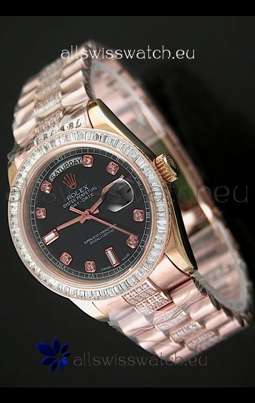 Rolex Oyster Perpetual Day Date Swiss Rose Gold Automatic Watch in Black Dial