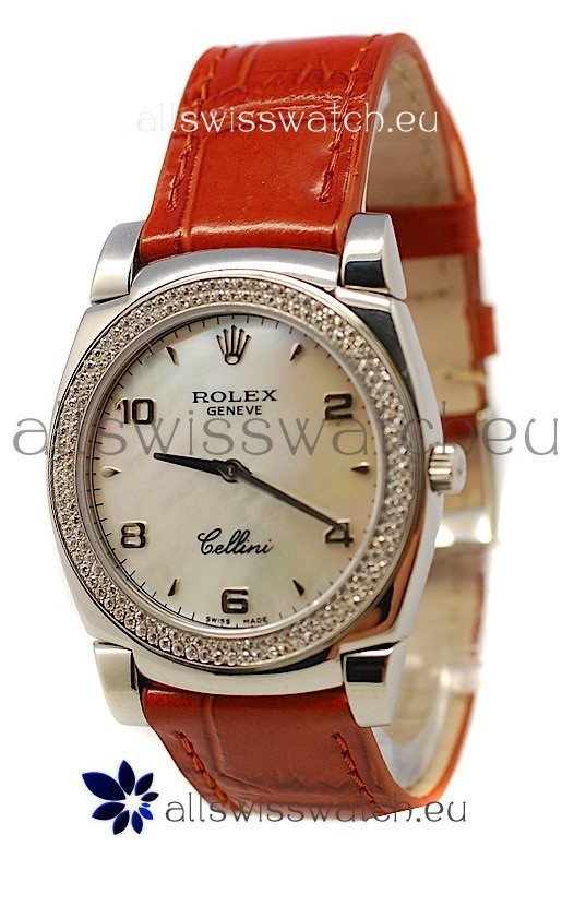 Rolex Cellini Cestello Ladies Swiss Watch Pearl in Diamonds Bezel