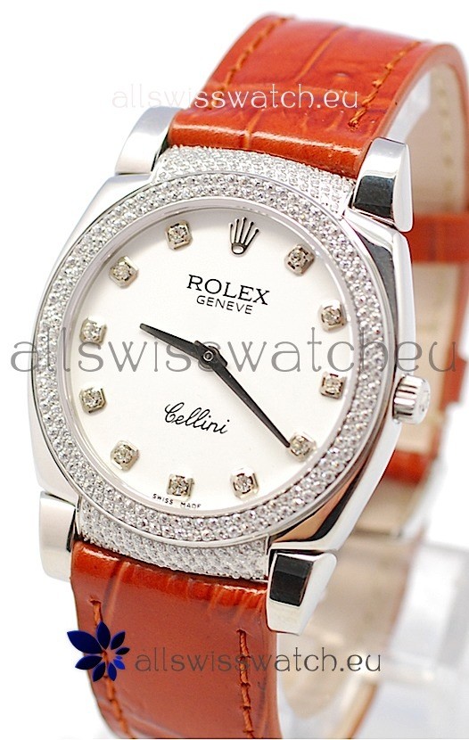 Rolex Cellini Cestello Ladies Swiss Watch White Face Diamonds Hour, Bezel and Lugs