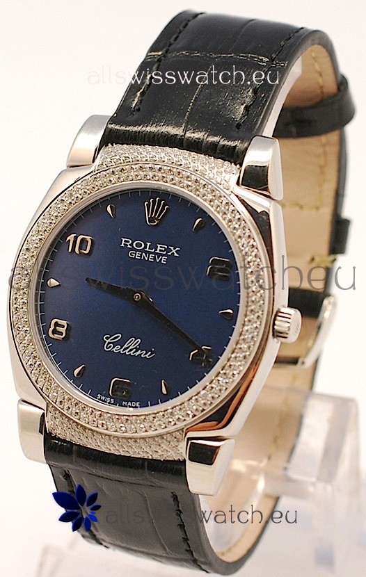 Rolex Cellini Cestello Ladies Swiss Watch in Dark Blue Face Diamonds Bezel and Lugs