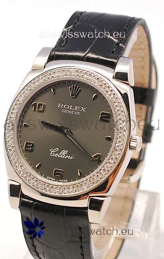 Rolex Cellini Cestello Ladies Swiss Watch in Grey Face and Diamonds Bezel 