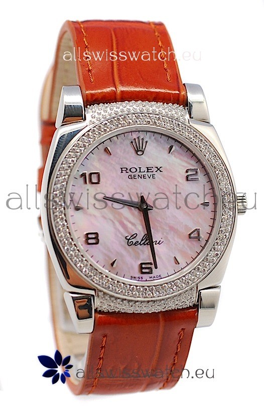 Rolex Cellini Cestello Ladies Swiss Watch Pink Pearl Face Diamonds Bezel and Lugs