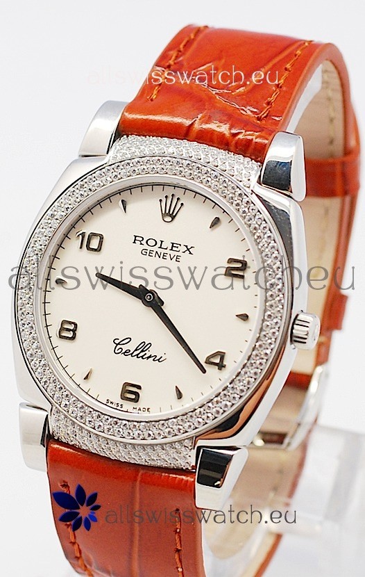 Rolex Cellini Cestello Ladies Swiss Watch in White Face Bezel and Lugs