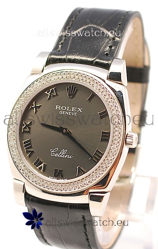 Rolex Cellini Cestello Ladies Swiss Watch in Matte Black Face and Roman Markers