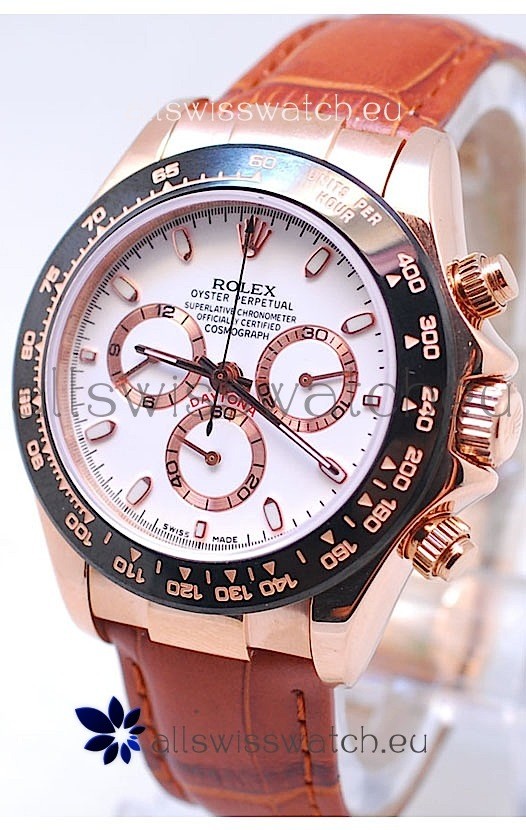Rolex Daytona MonoBloc Cerachrom Bezel Swiss Replica Rose Gold Plated Watch in Brown Strap