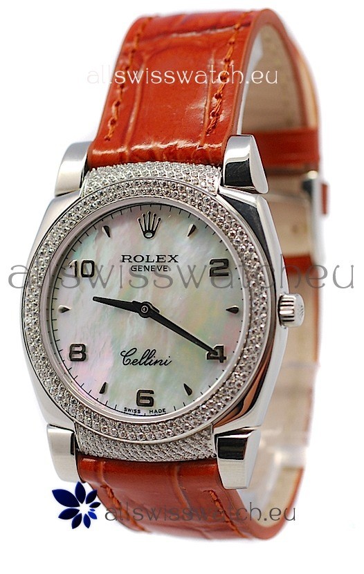 Rolex Cellini Cestello Ladies Swiss Watch Beige Pearl Face Diamonds Bezel and Lugs