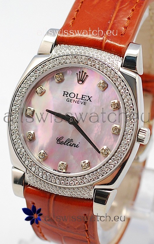 Rolex Cellini Cestello Ladies Swiss Watch in Pink Pearl Face Diamonds Hour, Bezel and Lugs