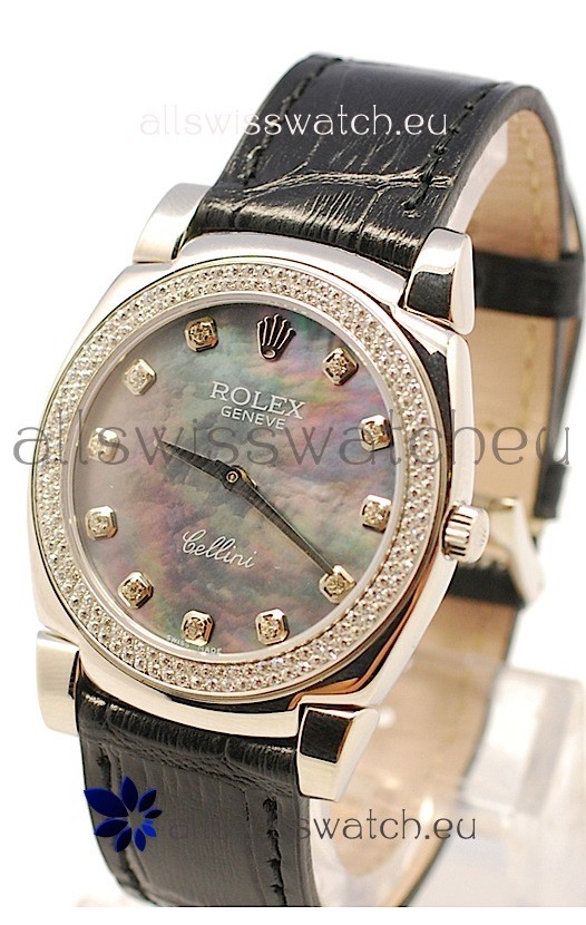 Rolex Cellini Cestello Ladies Swiss Watch in Black Pearl Face Diamonds Markers