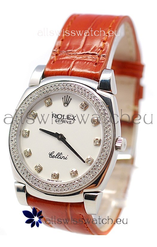 Rolex Cellini Cestello Ladies Swiss Watch White Face Diamonds Bezel and Hour Markers