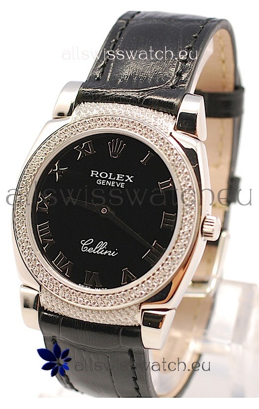 Rolex Cellini Cestello Ladies Swiss Watch in Black Face Roman Markers