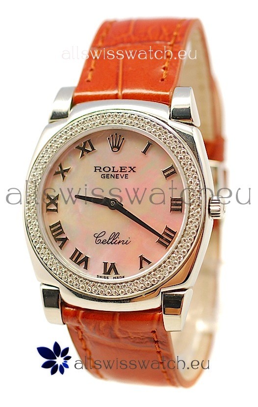Rolex Cellini Cestello Ladies Swiss Watch Beige Pearl Roman Face Diamonds Bezel
