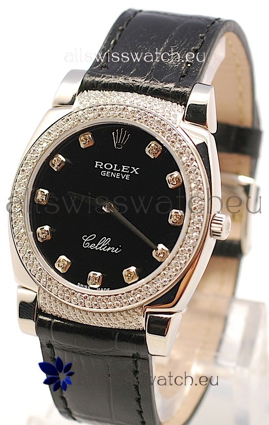 Rolex Cellini Cestello Ladies Swiss Watch in Matte Black Face Diamond Markers