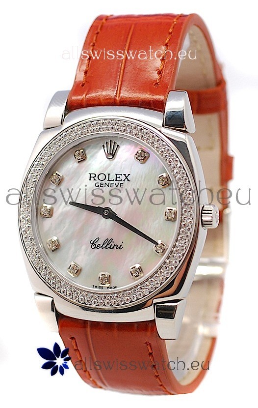Rolex Cellini Cestello Ladies Swiss Watch in White Pearl Face Diamonds Bezel and Hours Markers