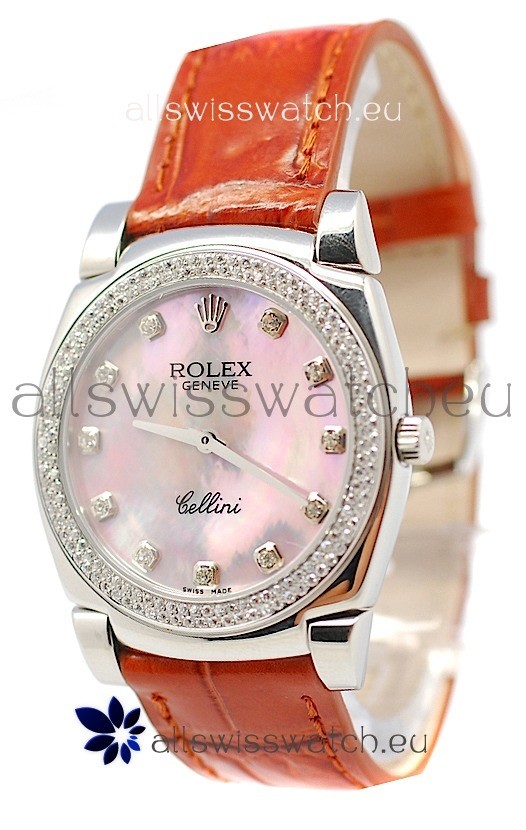Rolex Cellini Cestello Ladies Swiss Watch Pink Pearl Diamonds Bezel and Hours Markers