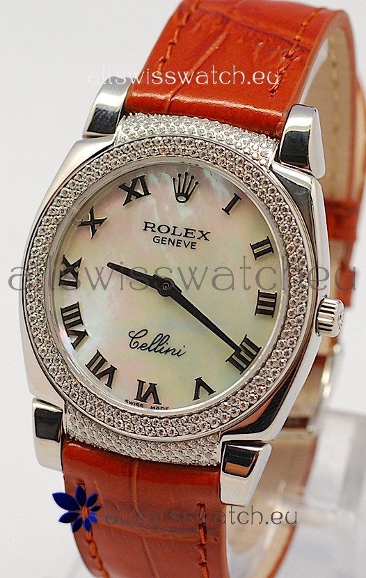Rolex Cellini Cestello Ladies Swiss Watch in White Pearl Face Diamonds Bezel and Lugs