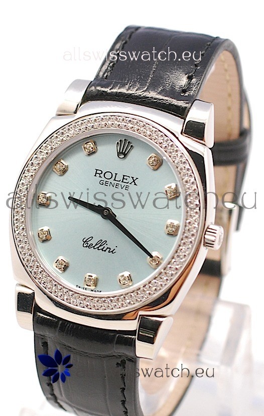 Rolex Cellini Cestello Ladies Swiss Watch in Blue Metalic Face Diamonds Markers