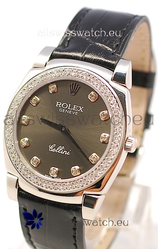 Rolex Cellini Cestello Ladies Swiss Watch in Matte Black Face and Diamond Markers
