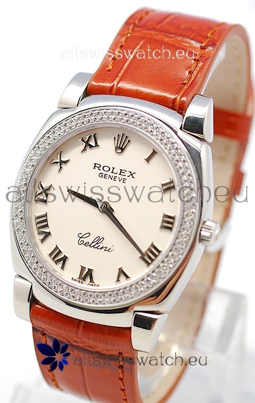 Rolex Cellini Cestello Ladies Swiss Watch White Roman Face Diamonds Bezel