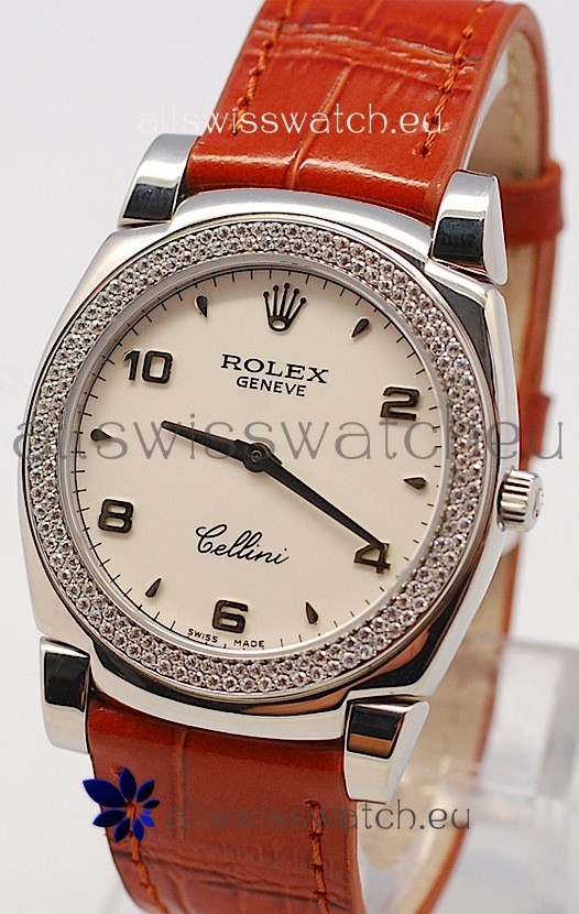 Rolex Cellini Cestello Ladies Swiss Watch in White Face Diamonds Bezel