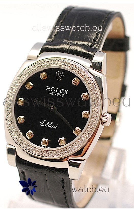 Rolex Cellini Cestello Ladies Swiss Watch in Black Face and Diamond Markers