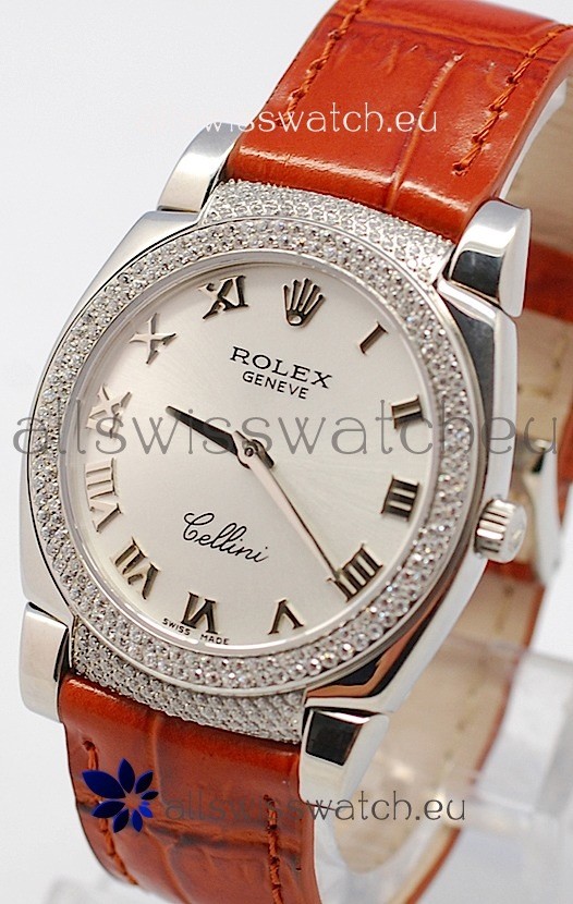 Rolex Cellini Cestello Ladies Swiss Watch in Silver Face Diamonds Bezel and Lugs