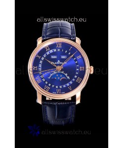 Blancpain "Villeret Quantième Complet" 904L Steel Rose Gold Watch in Blue Dial