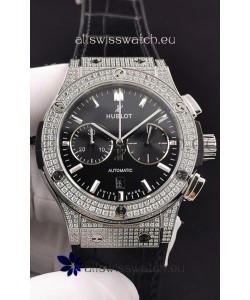 Hublot Classic Fusion Chronograph Steel Diamonds Casing Black Dial 1:1 Mirror Replica Watch 