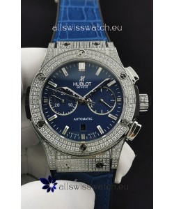 Hublot Classic Fusion Chronograph Steel Diamonds Casing Blue Dial 1:1 Mirror Replica Watch 