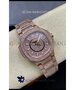 Patek Philippe Nautilus 7010 Diamonds Paved Rose Gold 32MM 1:1 Mirror Replica - Genuine Diamonds