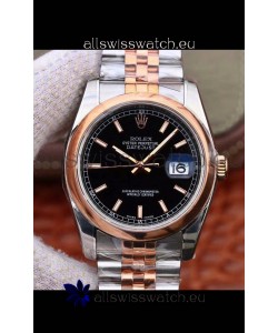 Rolex Datejust 36MM Cal.3135 Movement Swiss Replica Watch in 904L Steel Two Tone Casing Black Dial