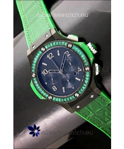Hublot Big Bang All Black Edition in Green Strap and Baguette Diamonds Bezel