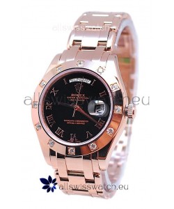 Rolex Day Date Rose Gold Swiss Replica Watch in Black Dial