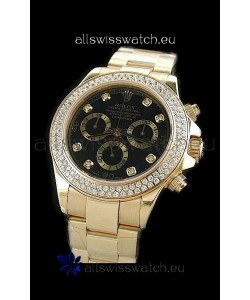 Rolex Daytona Swiss Replica Gold Watch in Full Diamond Bezel